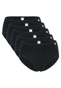 Schwarze Baumwoll-Hipster-Unterwäsche im Fünferpack. Merkmale sind eine glatte Oberfläche, ein elastischer Bund und ein Etikett auf der Rückseite zur Größenangabe.