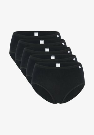Black cotton hipster underwear in a pack of five. Features a smooth finish, elastic waistband, and label at the back for sizing.