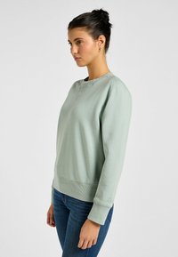 Felpa verde chiaro con maniche lunghe, polsini a costine e scollatura a girocollo. Presenta un dettaglio cucito all'orlo e un accento del logo discreto.