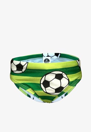 Bañador con un patrón de rayas verdes y amarillas, decorado con pelotas de fútbol en negro y blanco. Tela suave con cintura elástica.