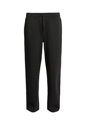 Černé pruhované kalhoty s elastickým pasem a šňůrkou. Vyrobené z měkké tkaniny, mají rovný střih a minimalistický design.