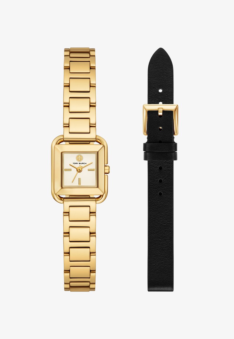 Goldfarbene Uhr mit quadratischem Ziffernblatt, ausgestattet mit einem weißen Ziffernblatt und goldenen Zeigern. Inklusive einem passenden goldenen Metallarmband und einem schwarzen Lederarmband.