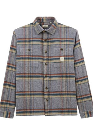 Chemise à carreaux grise à boutons avec des manches longues, deux poches poitrine et des rayures horizontales dans des tons orange, bleu et beige.