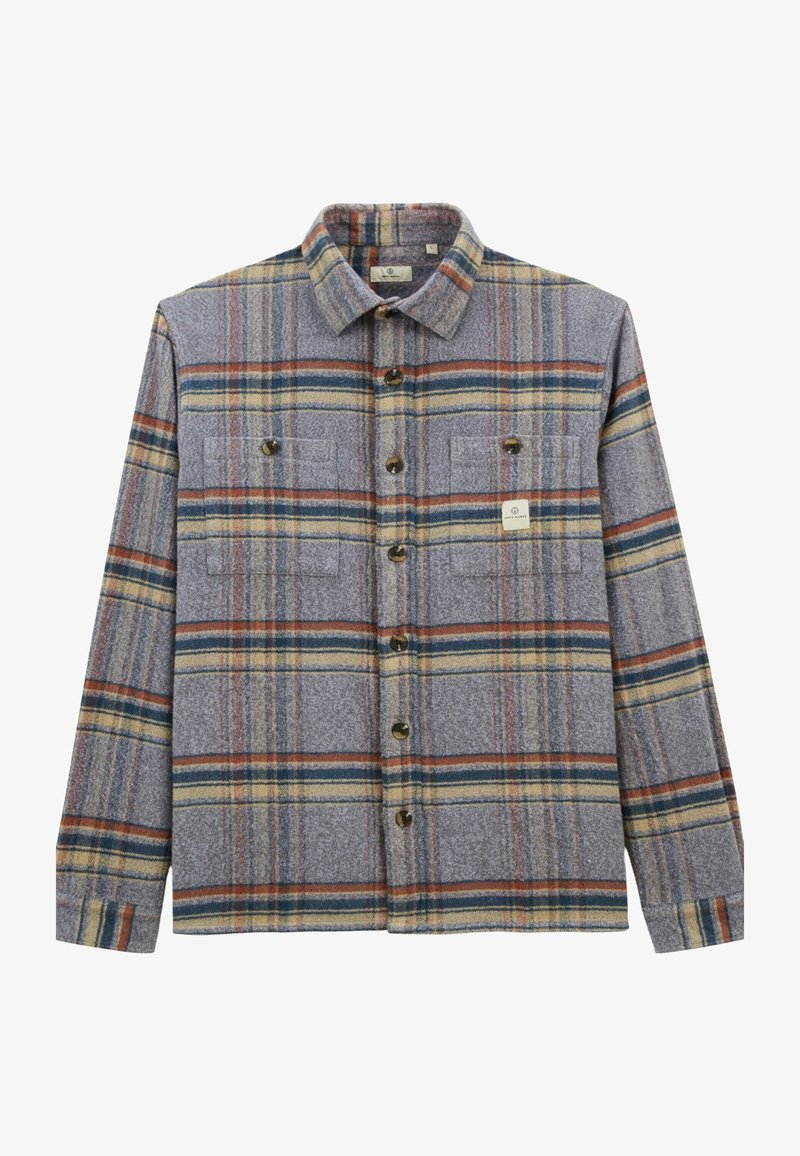 Chemise à carreaux grise à boutons avec des manches longues, deux poches poitrine et des rayures horizontales dans des tons orange, bleu et beige.