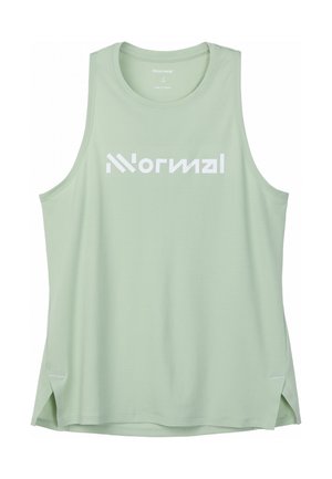 Débardeur de sport vert clair sans manches avec logo blanc "Wornmal" sur la poitrine et petites fentes latérales à l'ourlet.