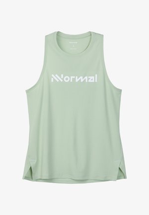 Débardeur de sport vert clair sans manches avec logo blanc "Wornmal" sur la poitrine et petites fentes latérales à l'ourlet.