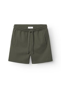 Olivgrüne Shorts aus strukturiertem Stoff mit elastischem Bund, verstellbarem Kordelzug und Seitentaschen. Dezentes Logodetail am Saum.