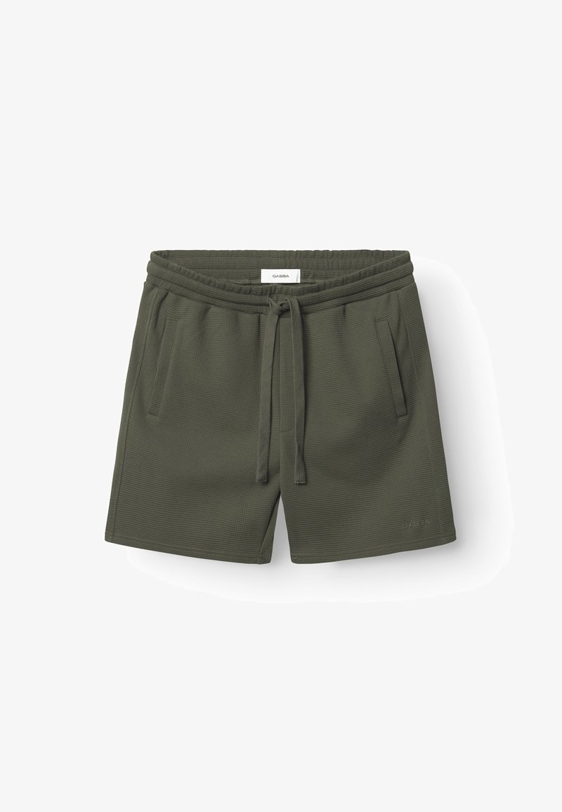 Olivgrüne Shorts aus strukturiertem Stoff mit elastischem Bund, verstellbarem Kordelzug und Seitentaschen. Dezentes Logodetail am Saum.