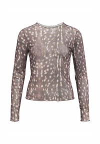 T-shirt à manches longues en tissu transparent avec un motif tacheté brun et blanc, col rond et coupe ajustée.
