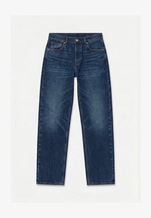 Mørkeblå jeans med rette ben, klassisk femlommers design og subtil falming på lår og knær.