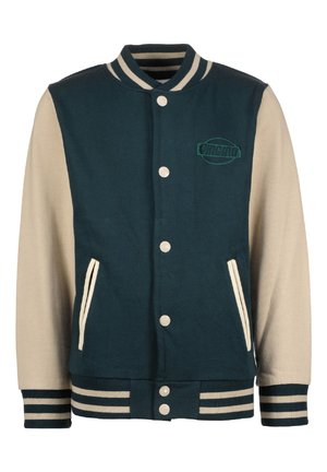 Green and beige varsity jacket with ribbed cuffs and hem, featuring two side pockets and a front logo. Buttons are white and round.