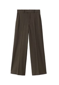 Pantalon marron foncé à jambes larges avec passants de ceinture, poches avant et fermeture éclair dissimulée à l'avant.