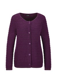 Lila langärmlige Strickjacke mit Rundhalsausschnitt, fünf vorderen Knöpfen und strukturiertem Querstreifenmuster.