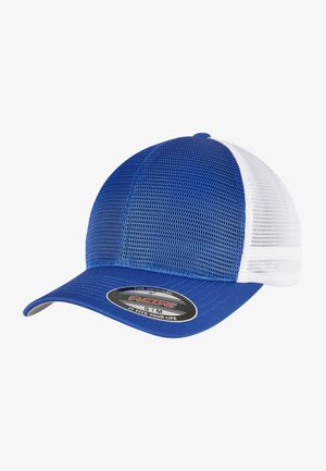 Blue mesh cap with a solid blue front and white mesh back, featuring a curved visor and a circular logo patch on the front.