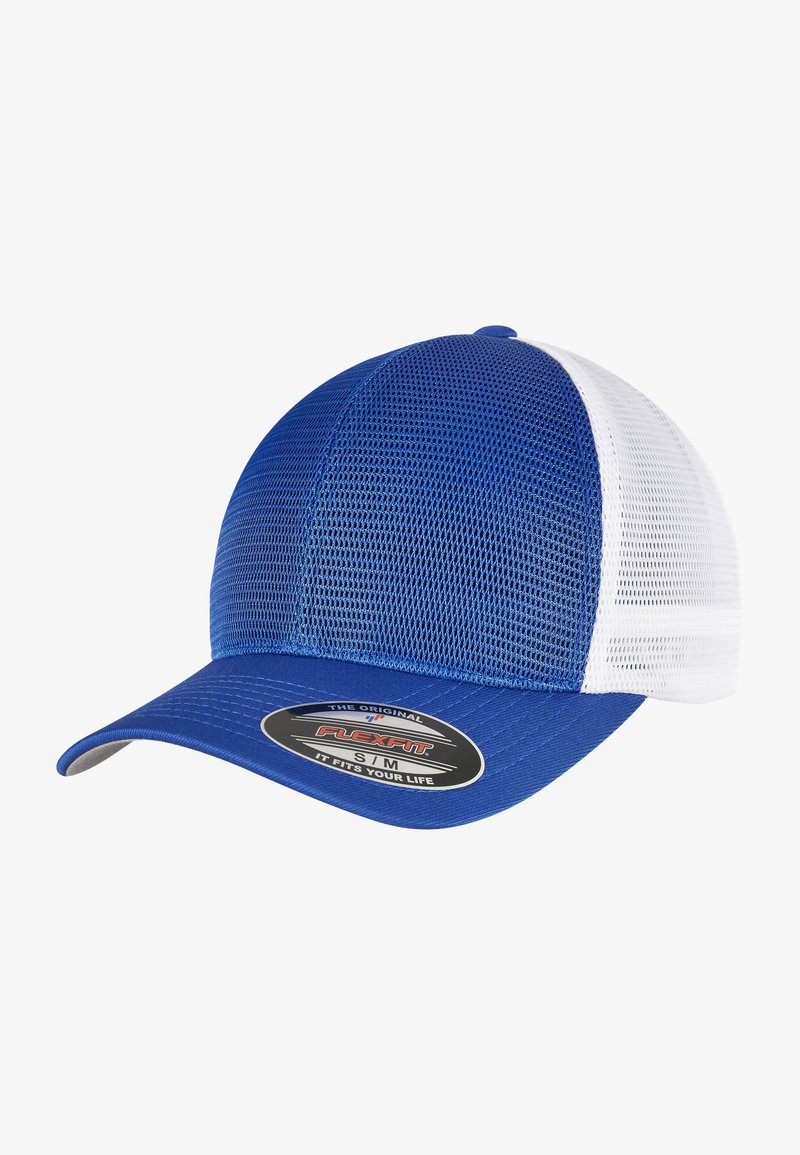 Casquette en maille bleue avec un devant bleu uni et un dos en maille blanche, présentant une visière incurvée et un patch logo circulaire à l'avant.