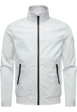 White jacket with a high collar, black zip closure, two side pockets, and contrasting black accents on sleeves and pockets. Smooth texture.
