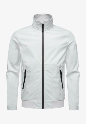 White jacket with a high collar, black zip closure, two side pockets, and contrasting black accents on sleeves and pockets. Smooth texture.
