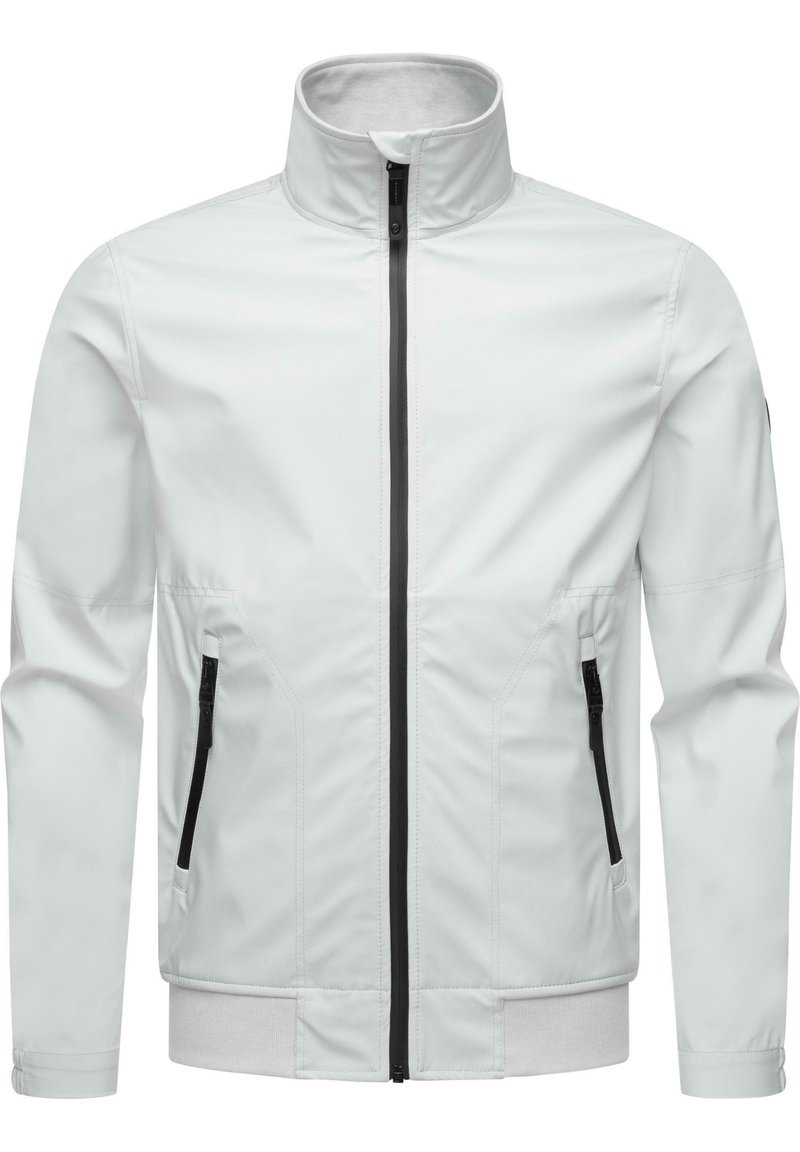 Witte jas met een hoge kraag, zwarte ritssluiting, twee zijzakken en contrasterende zwarte accenten op de mouwen en zakken. Gladde textuur.