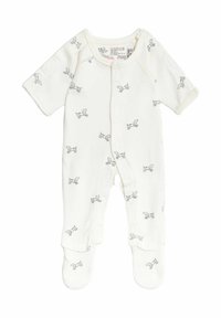 Biały pajacyk dla niemowląt wykonany z bawełny, posiadający krótkie rękawy i zapięcie na całym froncie na zatrzaski. Ma wzór z małymi, szarymi królikami.