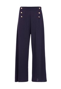 Marineblauwe wijde broek met een gladde textuur, voorzien van vijf goudkleurige knopen aan de voorkant en een hoog uitgesneden tailleband.