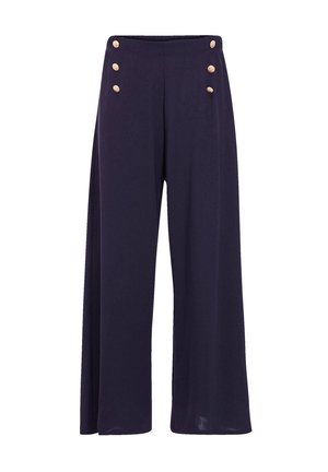 Marineblaue, weit geschnittene Hose mit glatter Textur, ausgestattet mit fünf goldfarbenen Knöpfen auf der Vorderseite und einem hoch geschnittenen Bund.