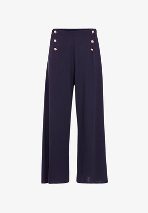 Pantalons larges bleu marine avec une texture lisse, dotés de cinq boutons dorés à l'avant et d'une taille haute.