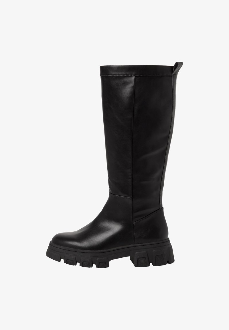 Black leather knee-high boot with a sleek design, textured finish, and a rugged rubber sole featuring a chunky tread pattern.