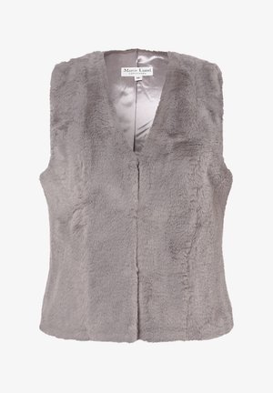 Grå vest i kunstig pels med V-udskæring, uden ærmer og med en glat indvendig foring. Har en central åbning uden knapper eller lukninger.