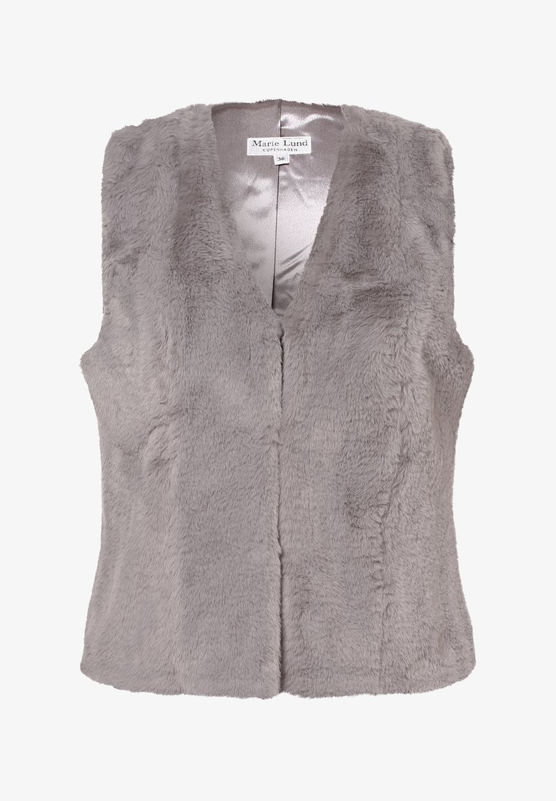 Szara kamizelka z imitacji futra z dekoltem w kształcie litery V, bez rękawów, z gładką podszewką wewnętrzną. Posiada centralne rozcięcie bez guzików ani zapięć.