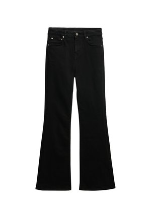 Sorte flared jeans lavet af denim, med høj talje, fem-lommer design, synlig syning og metal knap detaljer.