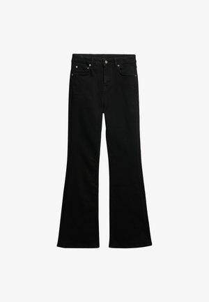 Schwarze Schlagjeans aus Denim, mit hoher Taille, fünf Taschen, sichtbarer Naht und metallischen Knopfakzenten.