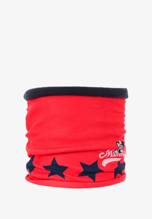 Écharpe tubulaire rouge avec un doublure en polaire bleu marine, ornée d'étoiles noires et d'un design graphique d'un personnage imprimé sur le devant.