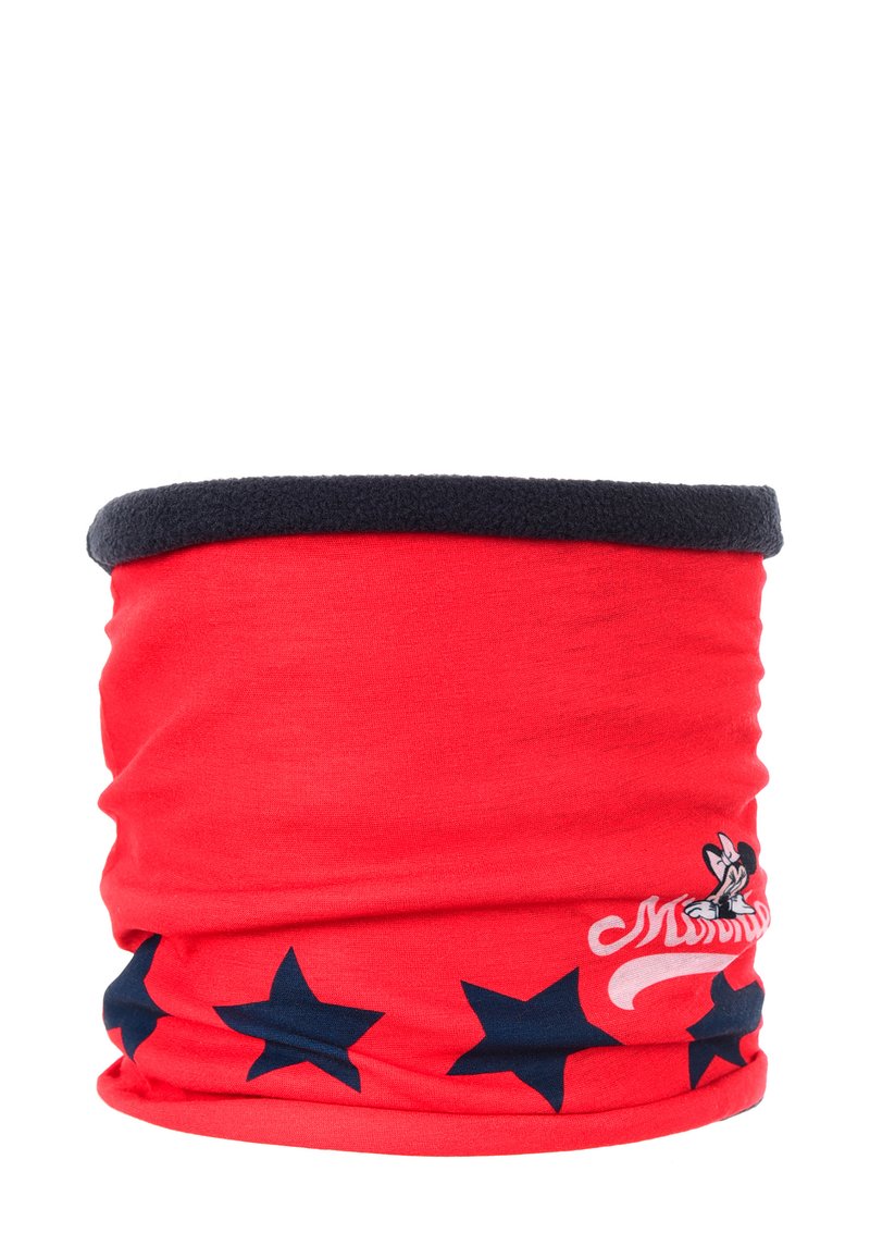 Czerwony rurkowy szalik z granatowym polarem wewnątrz, zdobiony czarnymi gwiazdkami oraz graficznym wzorem postaci nadrukowanym z przodu.