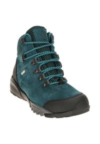 Scarponcino da trekking in suede teal con dettagli in gomma nera, pannelli in rete e lacci blu. Presenta una suola ammortizzata per comfort e supporto.