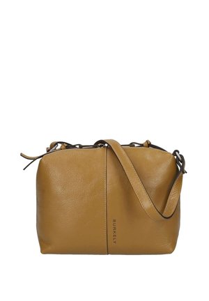 Sac à bandoulière en cuir marron avec une sangle réglable et le nom de marque Burkely visible au centre sur le devant.