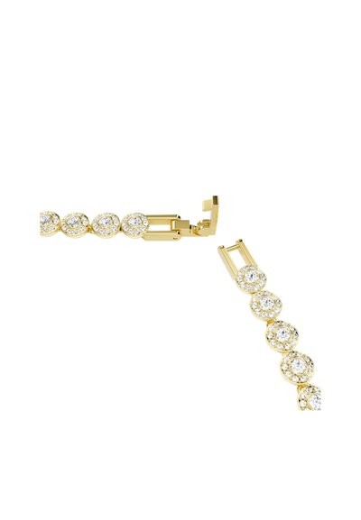 Bracelet en or avec des sertissages circulaires ornés de strass transparents, mettant en valeur une finition brillante et un mécanisme de fermoir sécurisé.