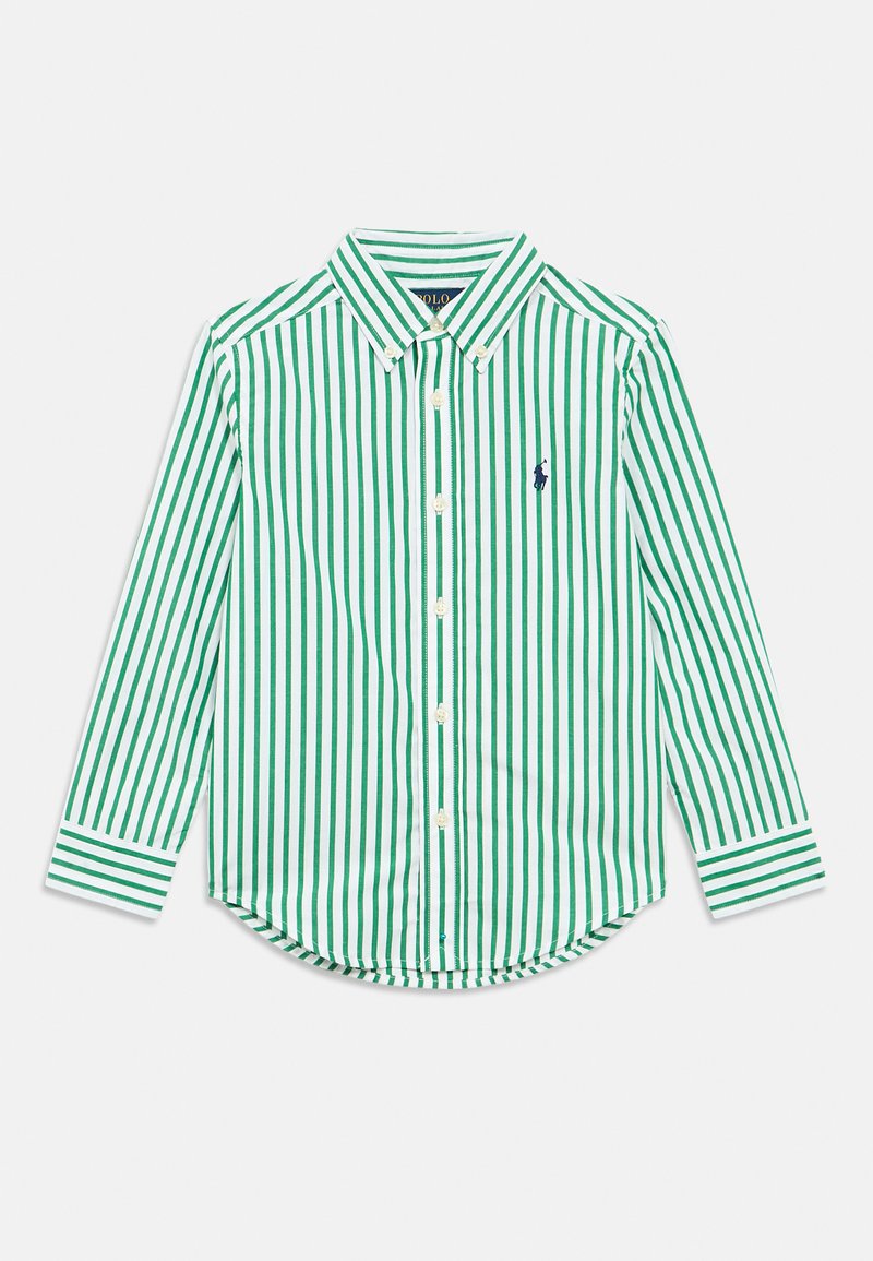Πουκάμισο με πράσινες και λευκές ρίγες, κουμπωτό, μακριά μανίκια, στρογγυλεμένη άκρη, βαμβακερό ύφασμα, μικρό ναυτικό λογότυπο στο στήθος, κλασικός γιακάς, κλείσιμο με κουμπιά.