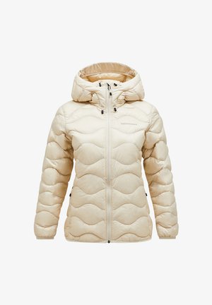Giacca a piumino beige con chiusura a zip frontale, cappuccio e design trapuntato con motivo a onde. Tessuto liscio e lucido con dettagli in metallo neri.