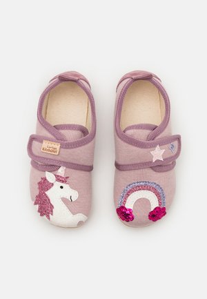 Purple fabric slippers featuring a white unicorn with sparkly mane and a rainbow with sequined accents. Velcro strap for secure fit.