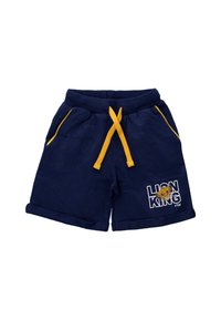 Laivastonsiniset lasten shortsit, joissa on keltainen nauha ja taskudetaljit, sekä Kuningas Leijona -hahmokuva ja käänteiset hemmet.