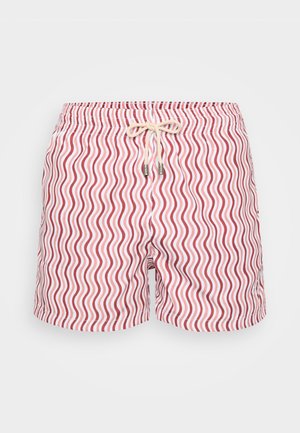Men's swim shorts in red and white wave pattern, with an elastic waistband and drawstring. Made from lightweight, quick-drying material.