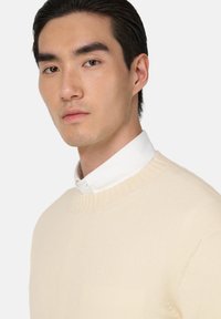 Kremowy sweter dziany z okrągłym dekoltem, połączony z białą koszulą z kołnierzykiem pod spodem. Gładka faktura, miękki materiał i dopasowany krój.