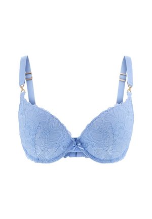 Light blue lace bra with padded cups, adjustable satin straps, and a floral pattern. Features a small bow detail at the center.