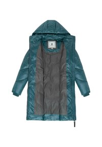 Teal gevoerde jas met een afneembare grijze voering, ritssluiting en een capuchon. Het buitenmateriaal is glanzend en gestructureerd, met gestikte patronen.