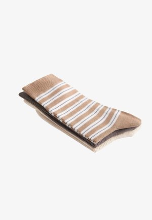 Set de trei perechi de șosete în bej, maro deschis și maro închis. Șosetele bej și maro deschis au dungi albe. Material tricotat moale.