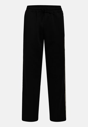 Μαύρο αθλητικό παντελόνι από απαλό, ελαφρύ ύφασμα. Διαθέτει ελαστική μέση με ρυθμιζόμενο κορδόνι και ρίγες στο πλάι σε αντίθετο χρώμα.