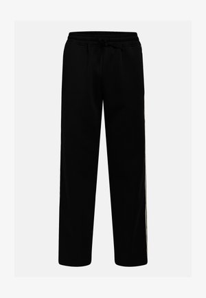Pantalon de sport noir en tissu lisse et léger. Il est doté d'une taille élastique avec cordon de serrage ajustable et de bandes latérales de couleur contrastante.