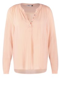 Blusa a maniche lunghe color pesca chiaro realizzata in tessuto morbido, con placket abbottonato e cinque bottoni, e un orlo leggermente curvo.