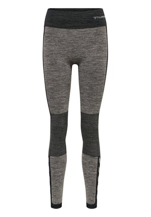 Korte atletiske leggings i mørkegrå og sort med en bred linning. Har teksturerede paneler og kontrasterende mesh-detaljer på benene.