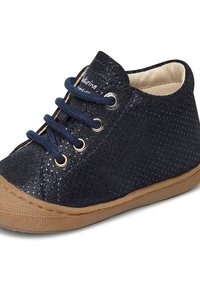 Navy blue perforated fabric shoe with round toe, five-hole lace-up design, rubber sole, and gold-tone eyelets. Light cream interior lining.